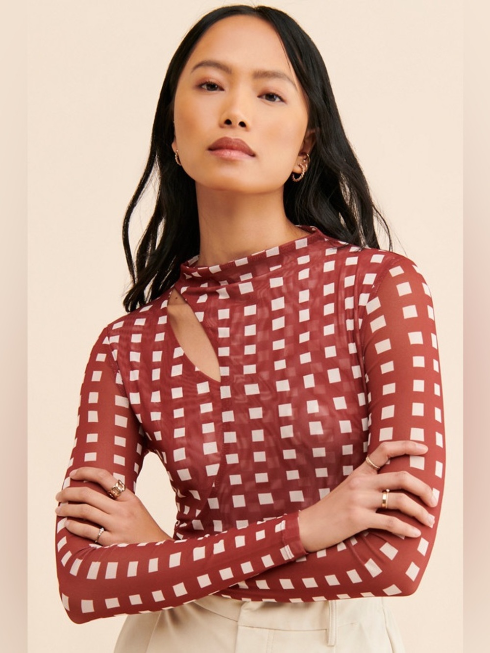 NWT Free People x Find Me Now Canyon Red Abilene Cutout Mesh Long Sleeve Top M